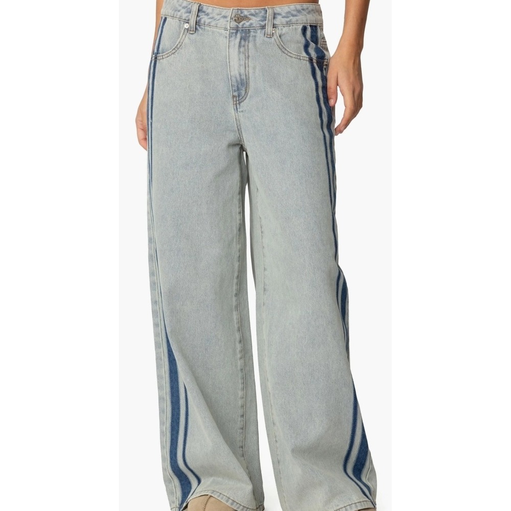 1030 Ten Thirty Jeans Baggy Mid Rise Wide Leg Side Stripe Light Blue Denim 0/24